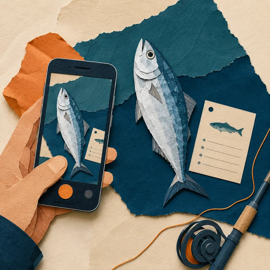 Diario delle catture con riconoscimento AI, illustrazione paper-cut