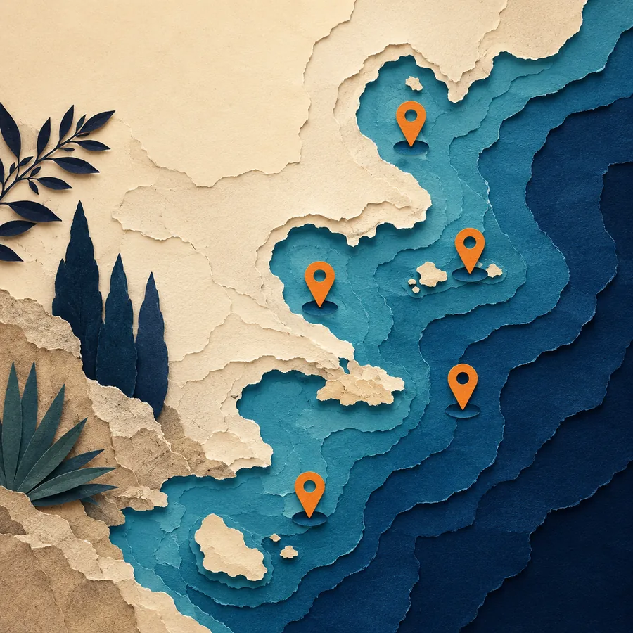 Mappa degli spot di pesca salvati, illustrazione paper-cut
