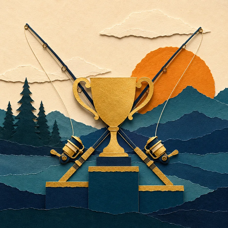 Tornei di pesca tra amici con classifica, illustrazione paper-cut