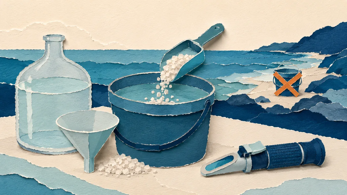 Preparazione acqua acquario marino papercut: sale sintetico versato in acqua d'osmosi, rifrattometro e mare sbarrato