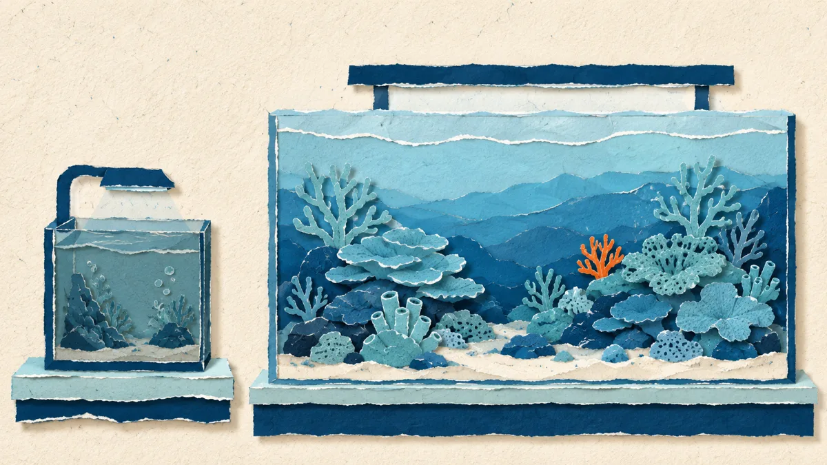 Confronto papercut tra un nano acquario marino piccolo e una vasca marina grande e stabile