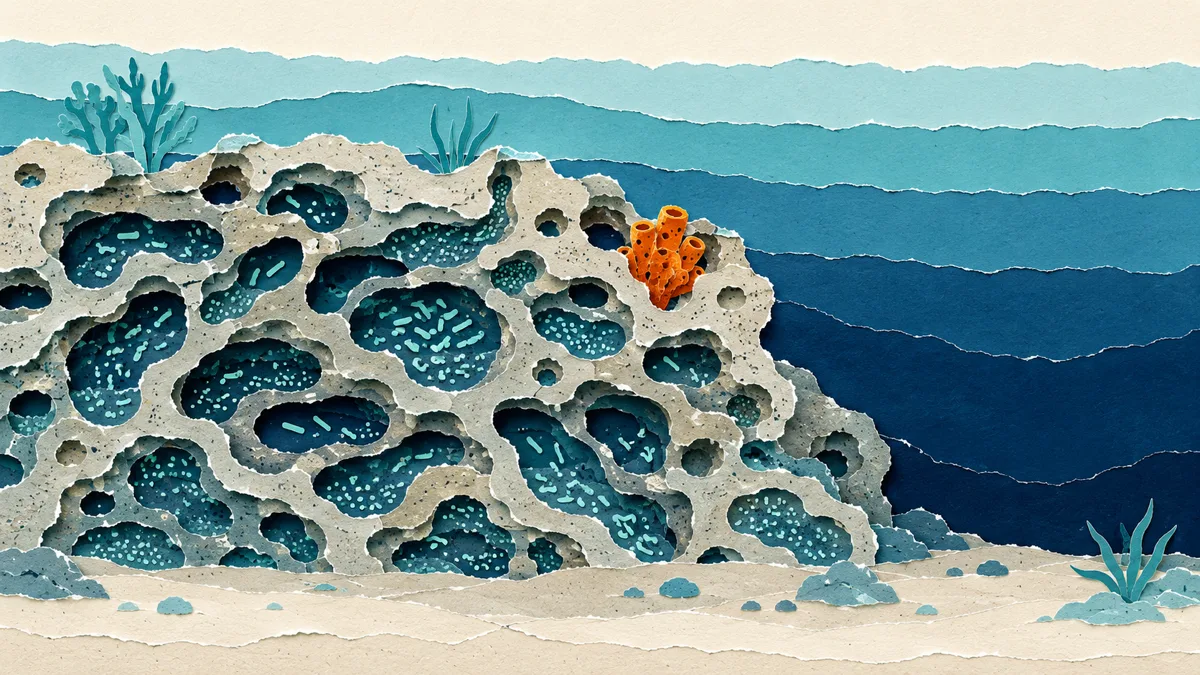 Sezione papercut di roccia viva porosa dell'acquario marino, filtro biologico con batteri