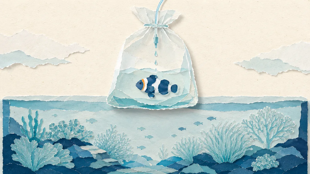 Acclimatazione a goccia del primo pesce pagliaccio in un acquario marino con coralli molli, papercut