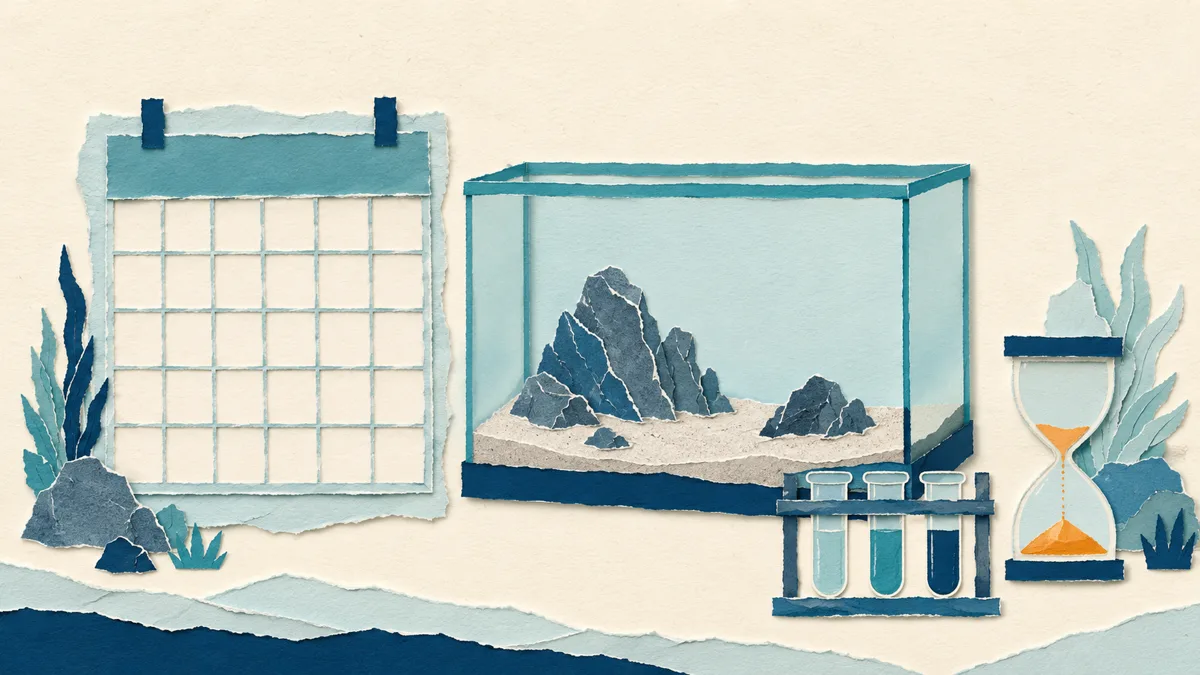 Ciclo dell'azoto acquario marino papercut: calendario di sei settimane, vasca vuota con rocce e clessidra