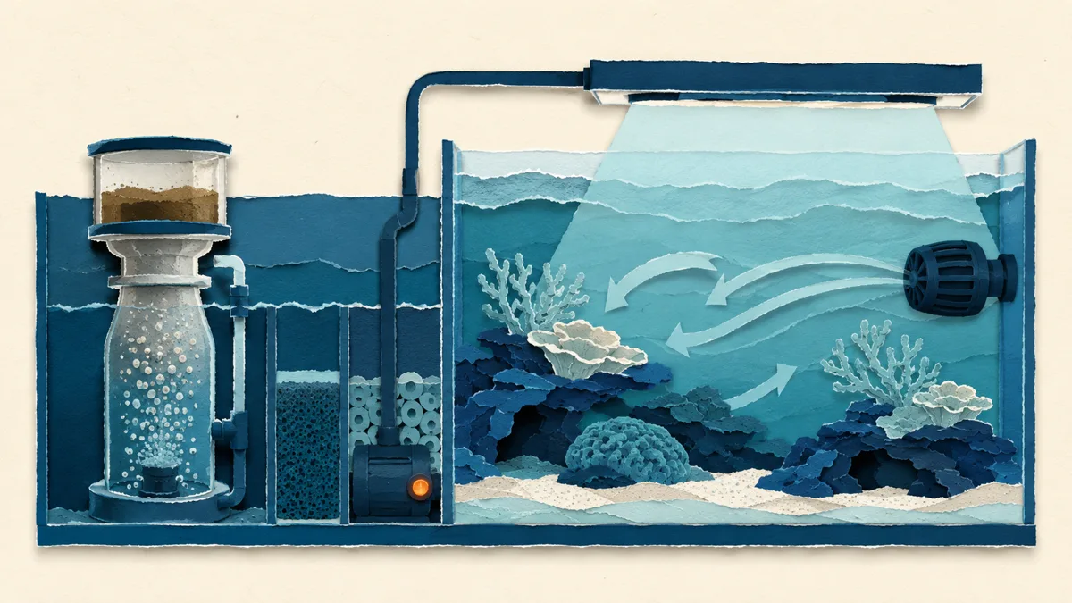 Attrezzatura acquario marino papercut: schiumatoio con schiuma, pompa di movimento e barra LED sui coralli