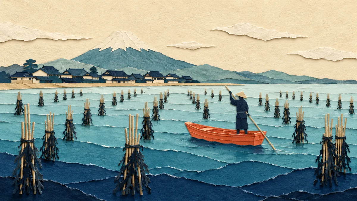 Illustrazione papercut di una baia giapponese con file di fascine di bambù piantate nell'acqua bassa per la coltivazione del nori e una barca a remi arancione