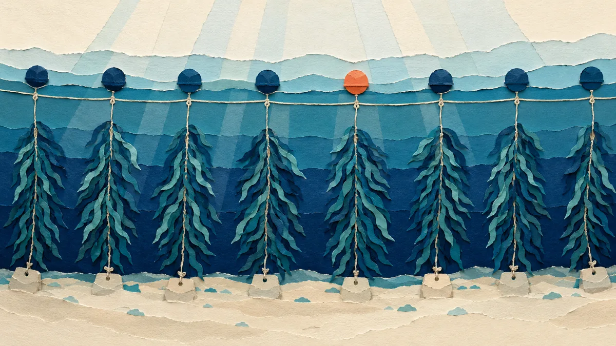 Illustrazione papercut in sezione di un allevamento di alghe a long-line, con boe in superficie, corde verticali cariche di alghe e ancoraggi sul fondo