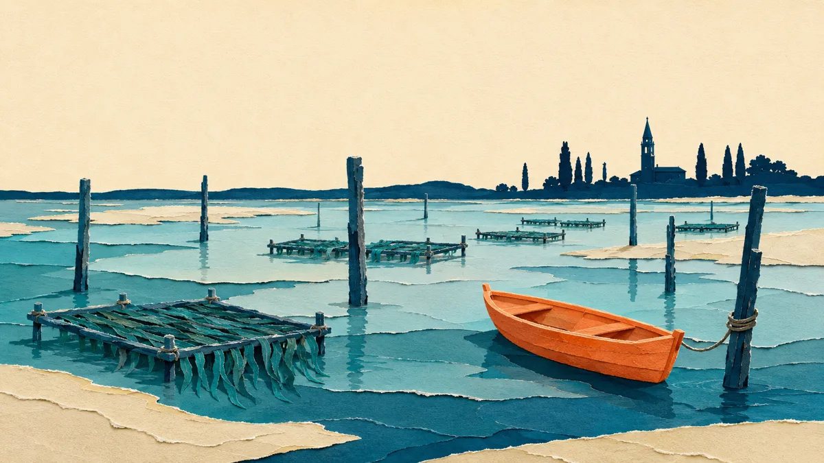 Illustrazione papercut di una laguna mediterranea con bricole, telai di coltivazione e un gozzo arancione ormeggiato