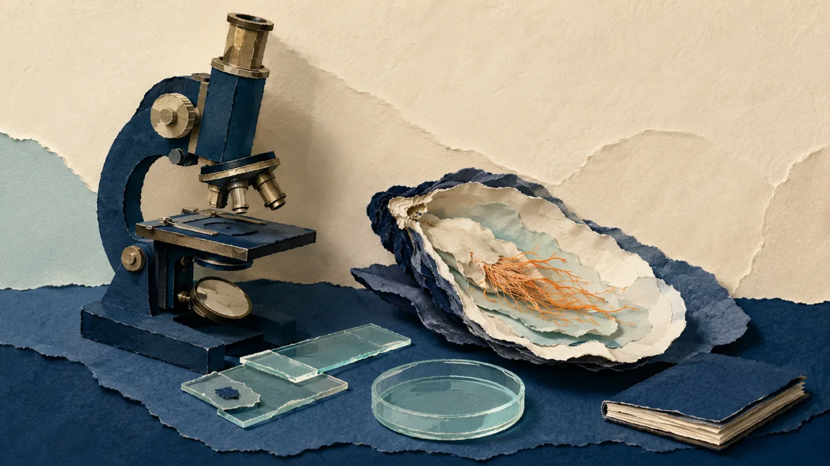 Illustrazione papercut di un banco di laboratorio anni Quaranta con microscopio e una conchiglia di ostrica aperta con dentro filamenti arancioni