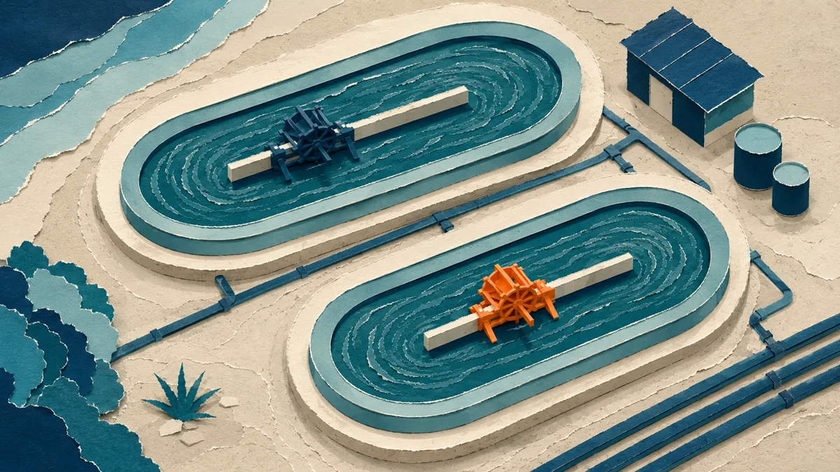 Illustrazione papercut vista dall'alto di due vasche raceway ovali per la coltivazione della spirulina, con pala di rimescolamento arancione
