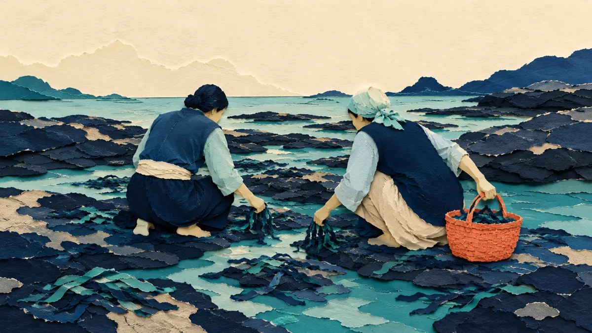 Illustrazione papercut di due figure che raccolgono alghe a mano tra gli scogli in una scogliera bassa, con una cesta arancione