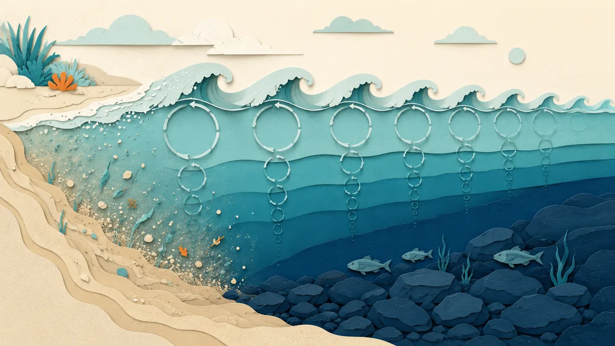 Sezione del mare vista di lato: le onde in superficie, la sabbia sollevata sul basso fondale e il fondo profondo che resta fermo