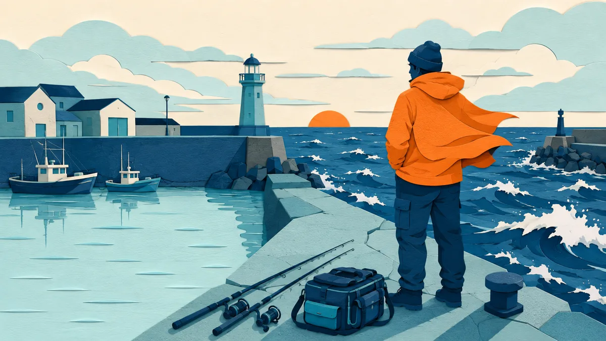 Pescatore sul molo all'alba che guarda il mare aperto increspato oltre l'imboccatura del porto, con canne e borsa ai piedi