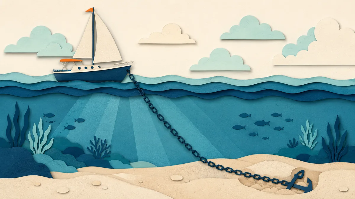 Illustrazione papercut in sezione di una barca alla fonda con la catena distesa sul fondo e l'ancora piantata nella sabbia