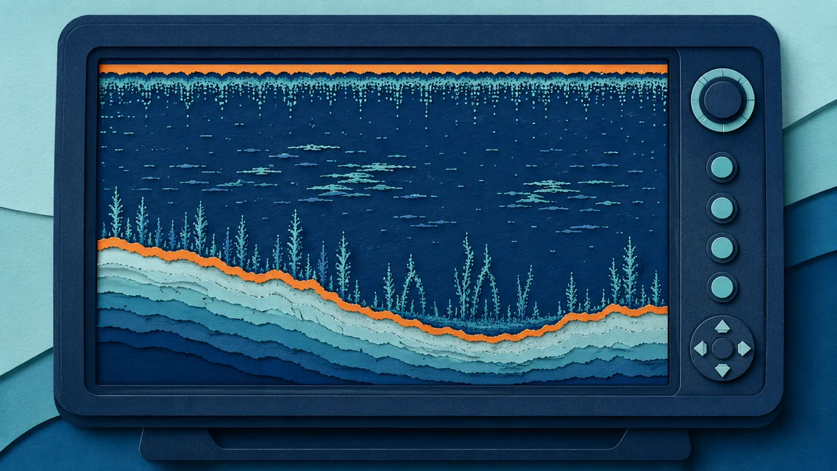 Illustrazione papercut dello schermo di un ecoscandaglio con tracce di fondale di spessore diverso, senza numeri