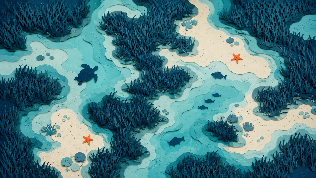 Illustrazione papercut vista dall'alto di un fondale a chiazze, con ampie macchie scure di prateria e radure di sabbia chiara fra loro