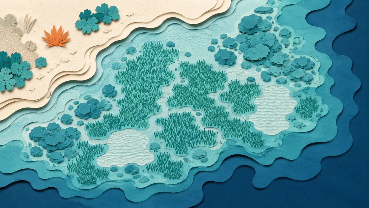 Illustrazione papercut di una carta dei fondali a chiazze colorate che distinguono prateria, roccia e sabbia lungo una costa