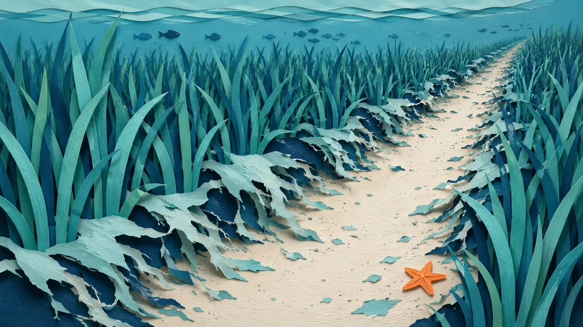 Illustrazione papercut di un lungo solco nudo scavato attraverso una prateria di posidonia, visto in diagonale dal fondo