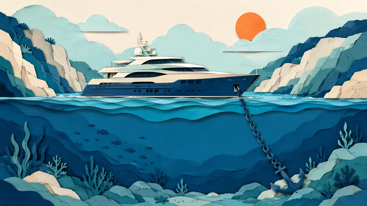 Illustrazione papercut di un grande yacht alla fonda in una cala, visto di profilo con la catena che scende
