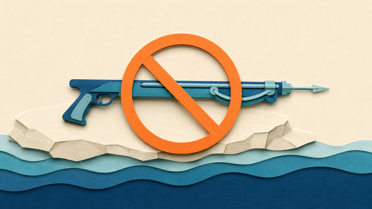 Aree marine protette — un fucile subacqueo di carta a terra con un segnale di divieto arancione