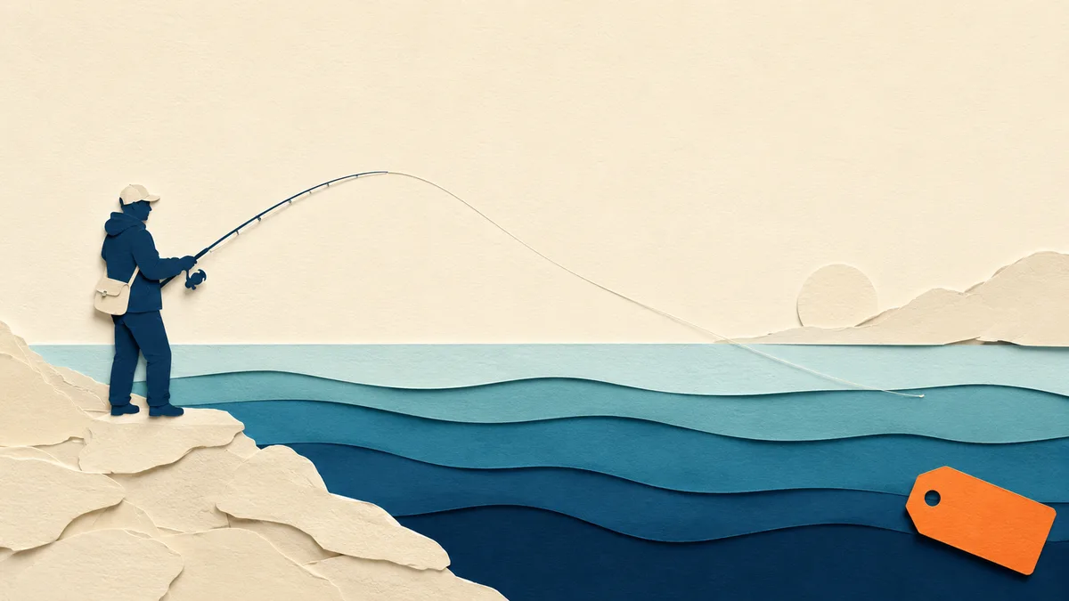 Aree marine protette — un pescatore da riva lancia con la canna verso il mare protetto, accanto a un permesso di carta