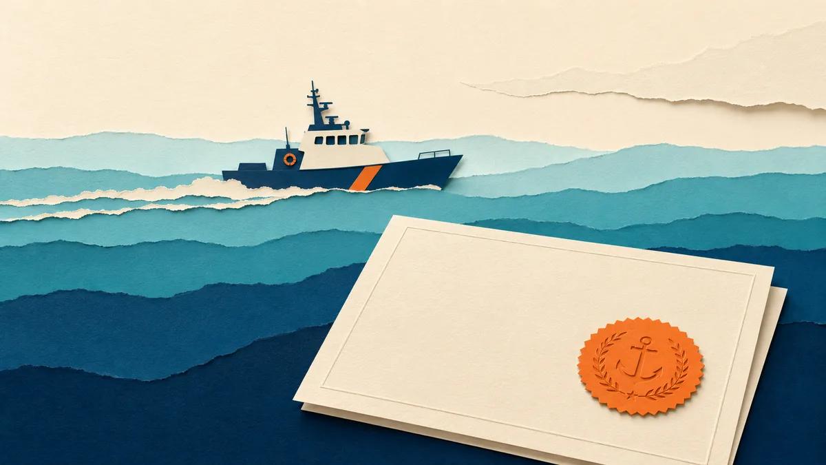 Aree marine protette — un'autorizzazione di carta con timbro arancione e una motovedetta della Guardia Costiera che pattuglia