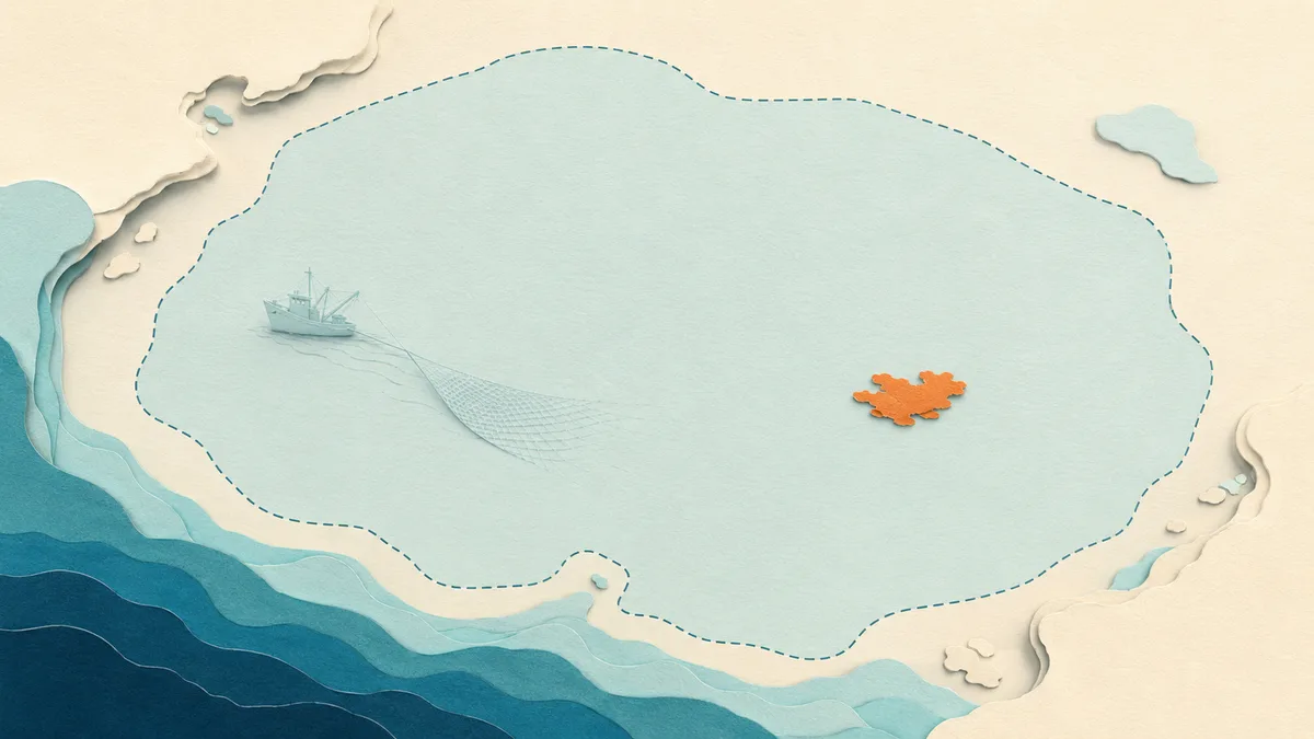 Aree marine protette — una grande area disegnata su carta quasi vuota con dentro solo una minuscola macchia arancione di mare davvero protetto