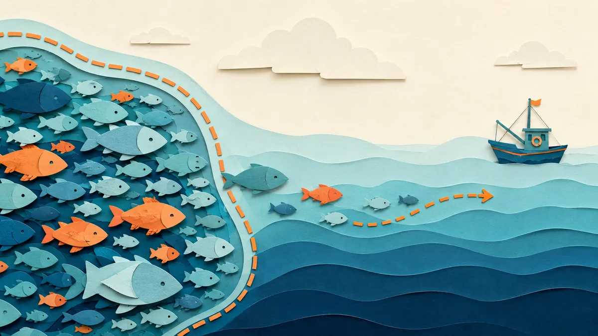 Aree marine protette — un tratto di mare protetto pieno di pesci, con alcuni che sconfinano oltre il confine verso una barca che aspetta