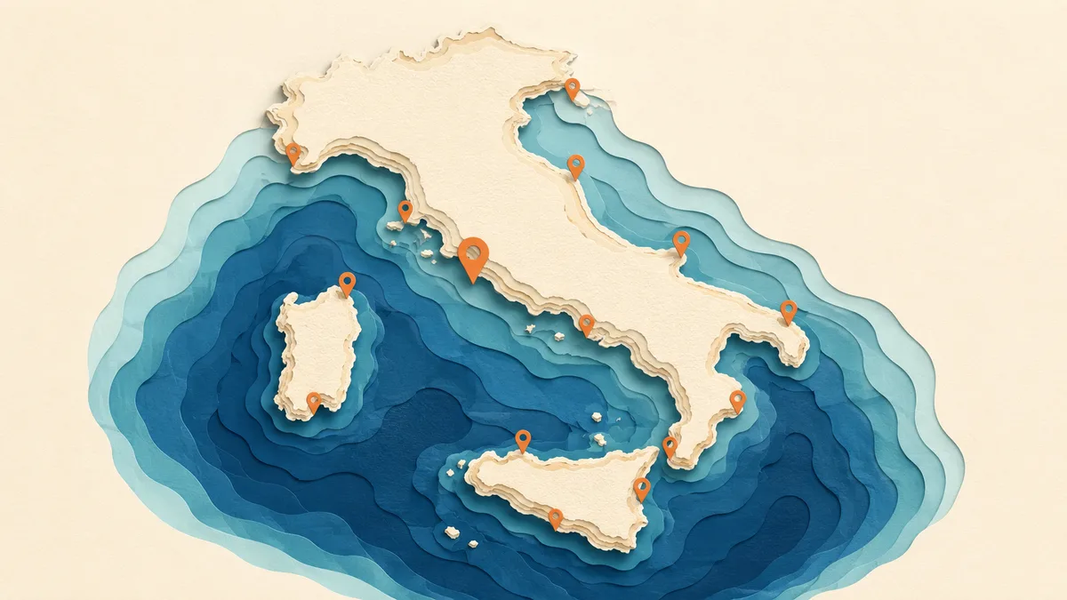 Aree marine protette — la penisola italiana di carta con decine di piccole zone di mare protetto lungo le coste