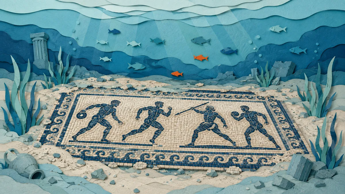 Illustrazione papercut di un mosaico romano in bianco e nero sul fondale con pesci che ci nuotano sopra