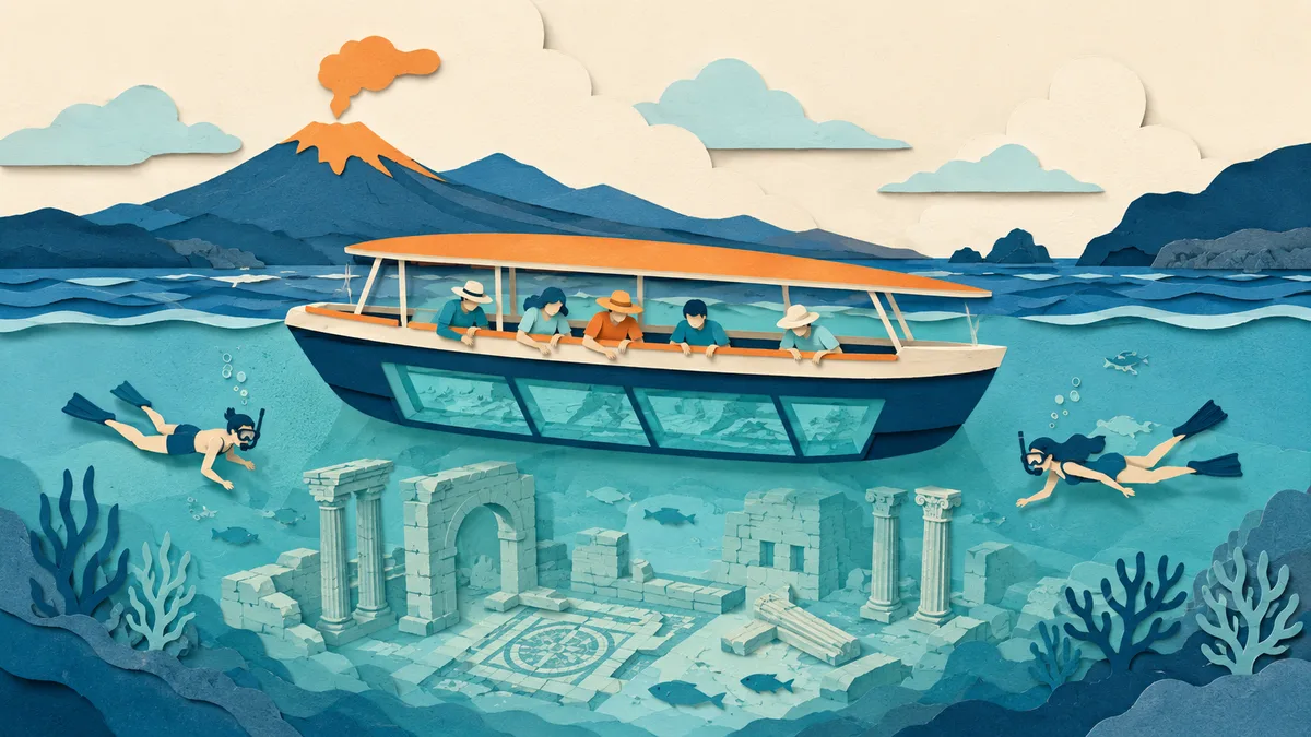 Illustrazione papercut di un battello dal fondo trasparente sopra rovine romane con snorkelisti accanto
