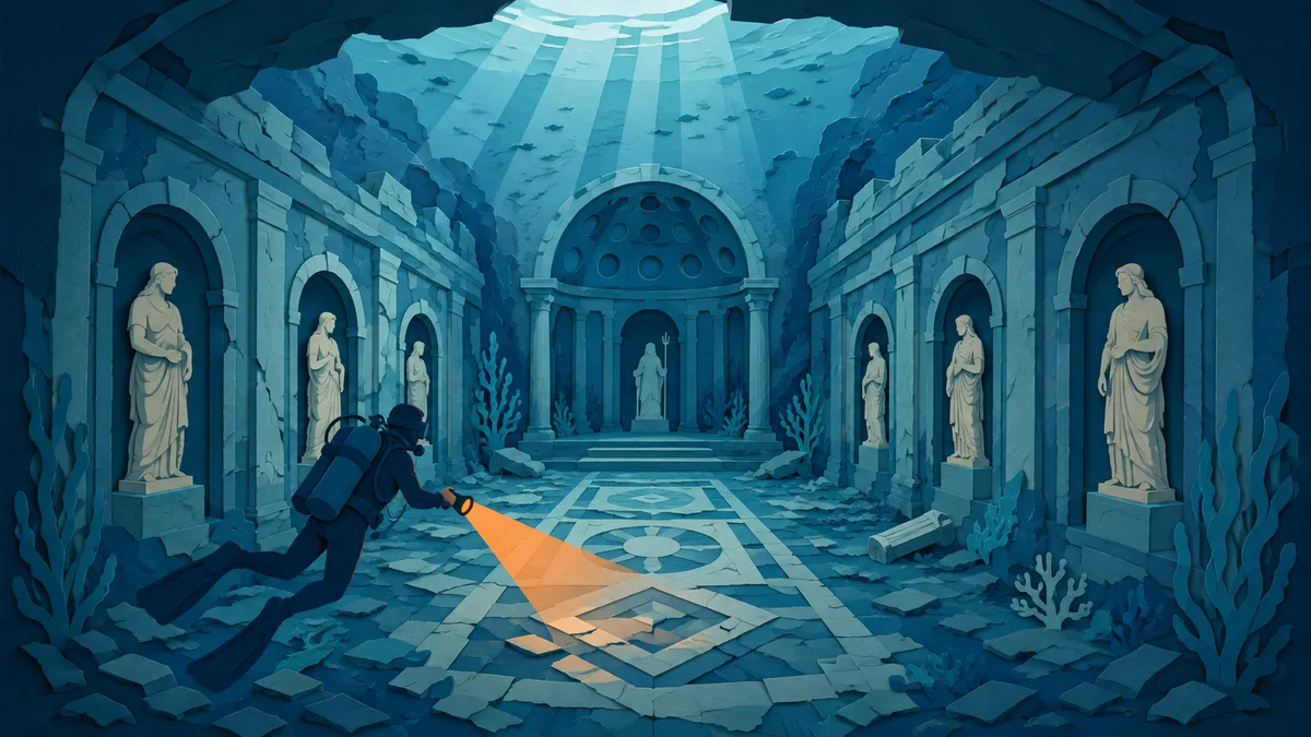 Illustrazione papercut di una sala sommersa con abside e nicchie con statue e un subacqueo all'ingresso