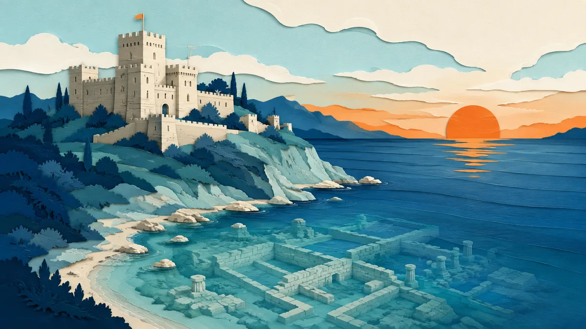 Illustrazione papercut di un castello su un promontorio con rovine sommerse visibili nell'acqua sottostante