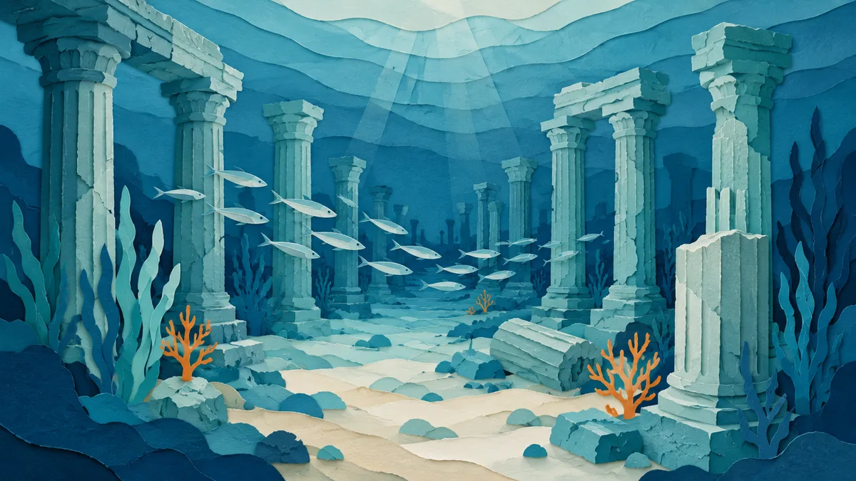 Illustrazione papercut di file di pilastri e colonne romane sommerse su un fondale sabbioso