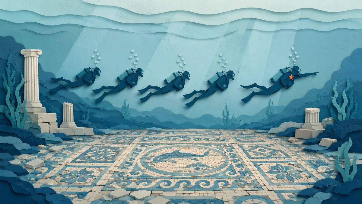Illustrazione papercut di subacquei in fila ordinata sopra un mosaico sommerso, guidati da una guida