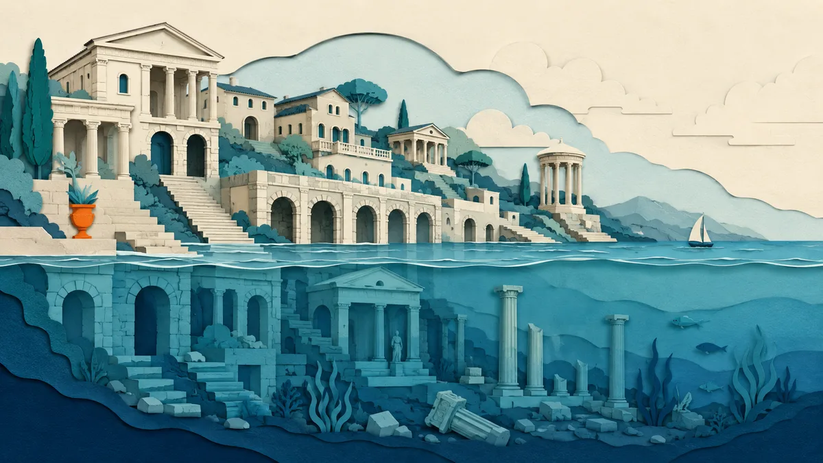 Illustrazione papercut di una costa romana che scende lentamente sotto il livello del mare