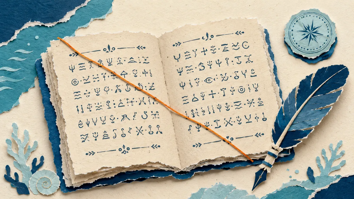 Manoscritto antico con lettere greche e una penna d'oca, un filo dorato di seta di mare posato sulla pagina, stile collage di carta