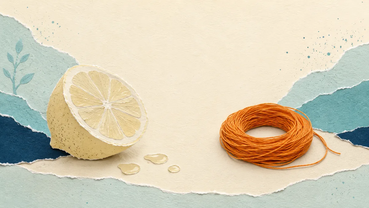 Mezzo limone di carta accanto a una matassa di fili dorati di seta di mare, stile papercut