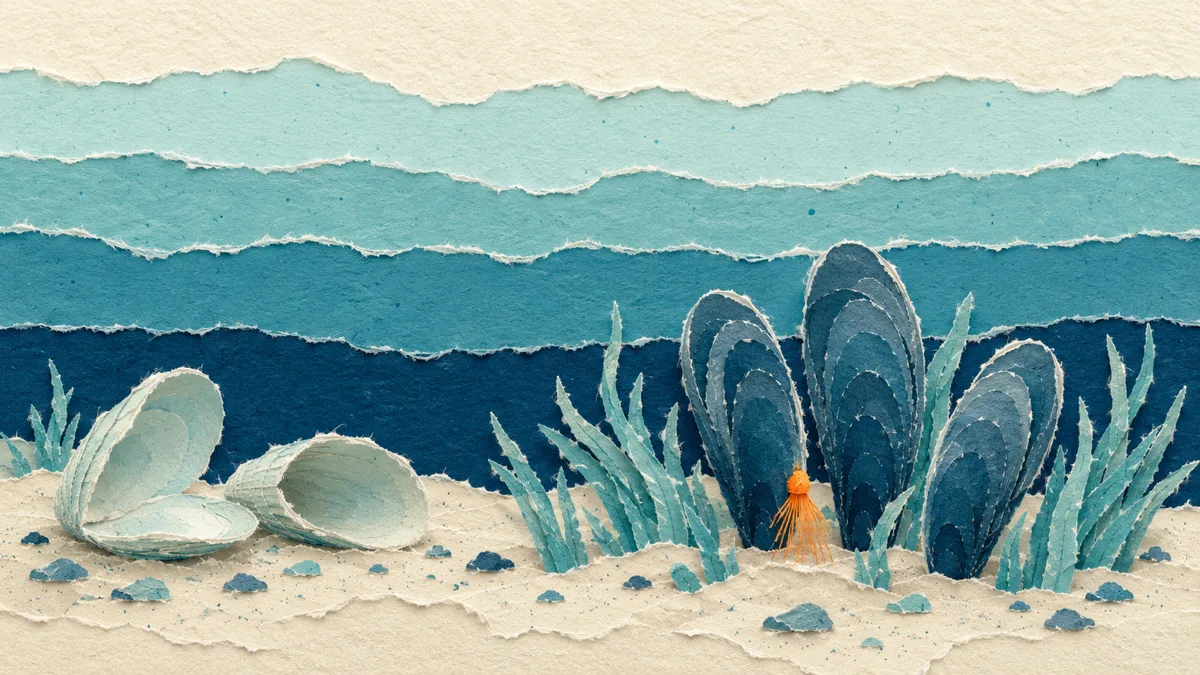 Fondale di laguna con giovani nacchere dritte tra la posidonia e qualche guscio vuoto sullo sfondo, stile collage di carta