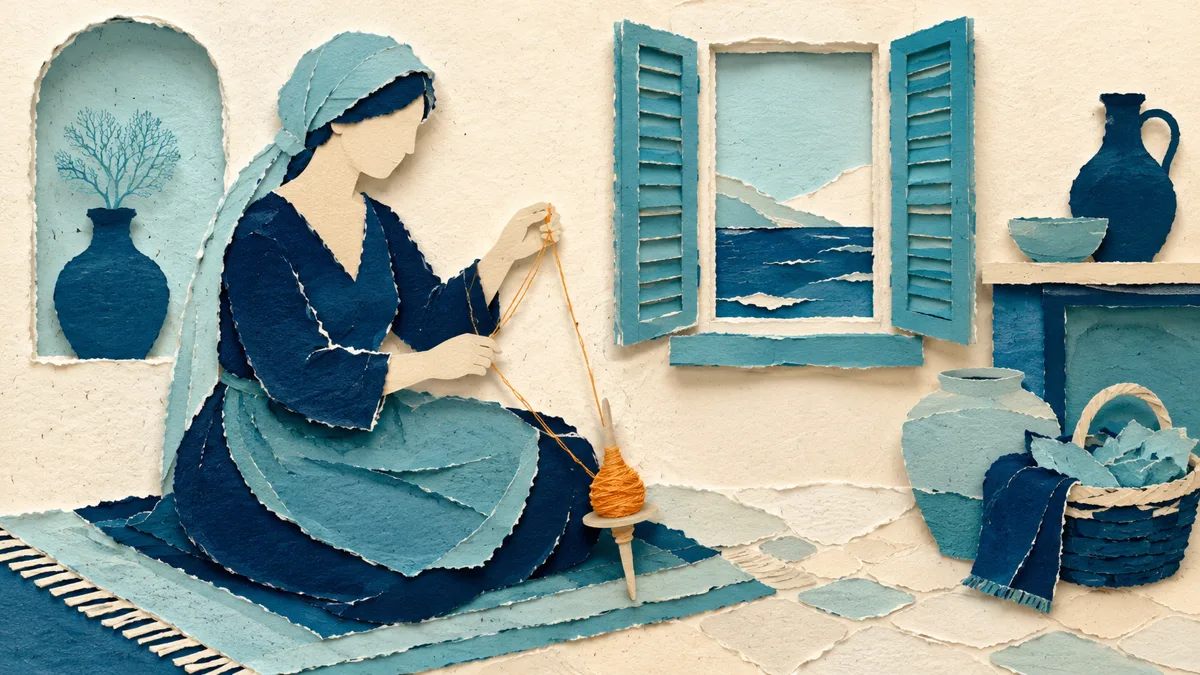 Silhouette di carta di una tessitrice al fuso con fili dorati di bisso, stile papercut mediterraneo