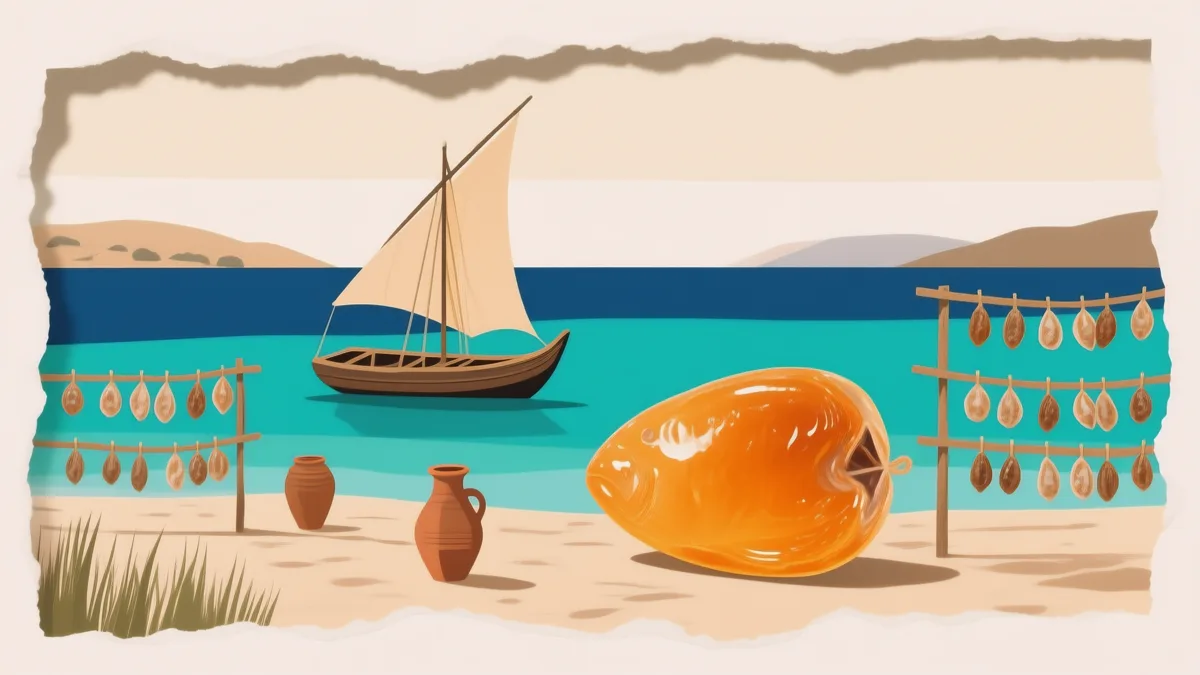 Scena mediterranea antica: una barca fenicia e le rastrelliere di uova di pesce che asciugano sullo stagno salmastro