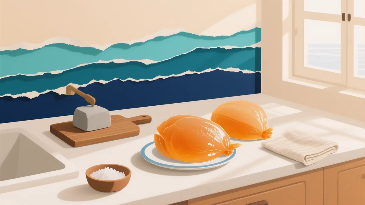 La bottarga fatta in casa: le baffe sotto sale, pressate tra due tavolette con un peso, sul piano della cucina