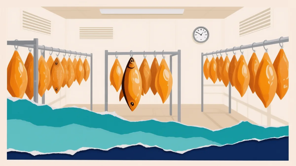 Produzione moderna: file di bottarga che asciugano in una cella a temperatura e umidità controllate