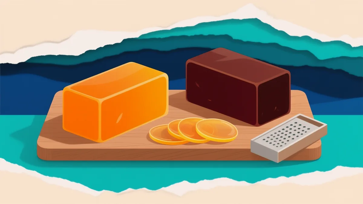Due baffe di bottarga a confronto: quella di muggine ambrata e quella di tonno più scura, su un tagliere di legno