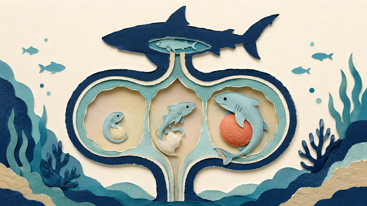 Infografica papercut del doppio utero dello squalo in sezione, con tre stadi dell'embrione da sinistra a destra: sacco vitellino, embrione schiuso, embrione dominante con la pancia gonfia.
