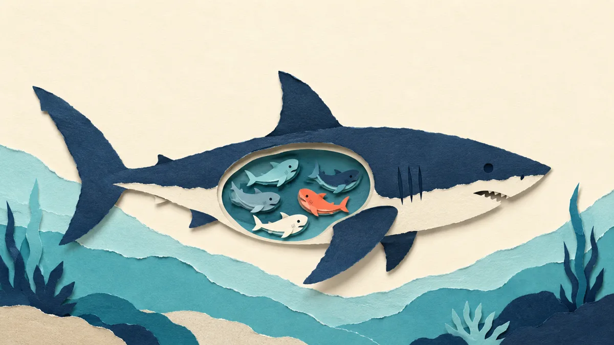 Sagoma papercut di un grande squalo bianco con una finestra sul ventre che mostra diversi piccoli embrioni della stessa taglia che convivono, non un solo cannibale.