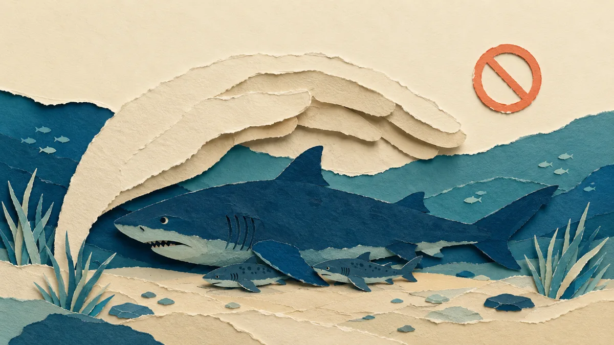 Scena di conservazione in carta strappata: uno squalo toro adulto protegge due soli piccoli sotto una mano-scudo di carta, con un piccolo simbolo circolare arancione di divieto di prelievo.