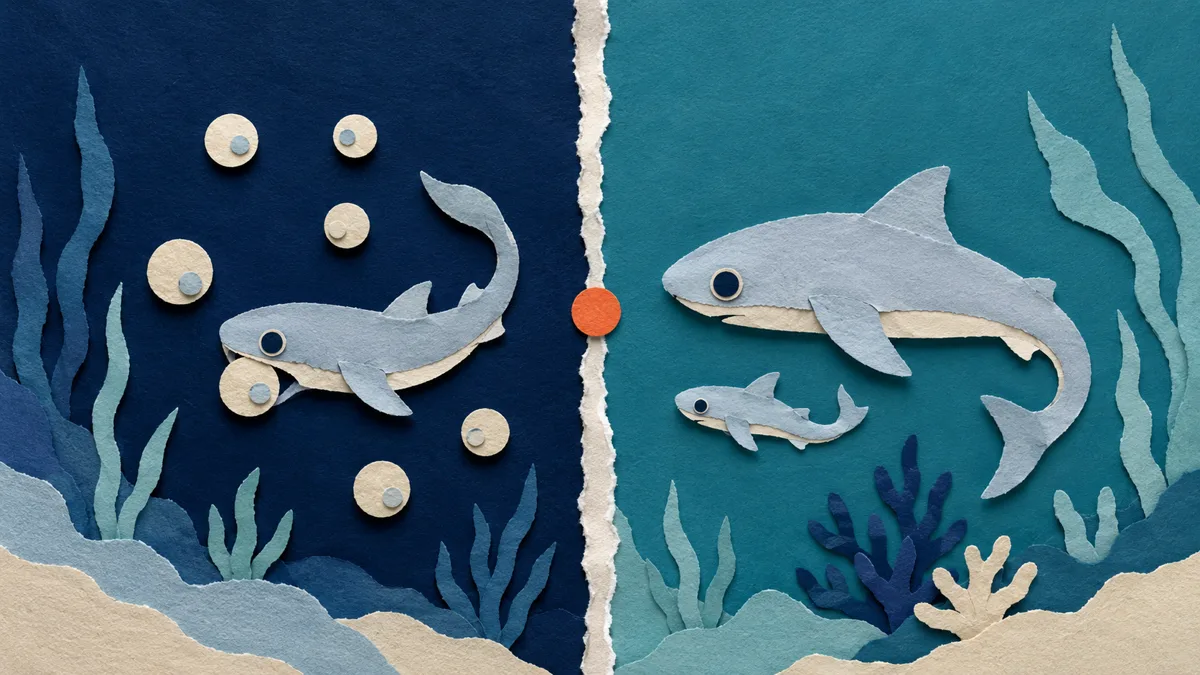 Illustrazione papercut divisa in due: a sinistra un embrione di squalo mangia piccole uova (oofagia), a destra un embrione più grande accanto a un fratello (adelfofagia).
