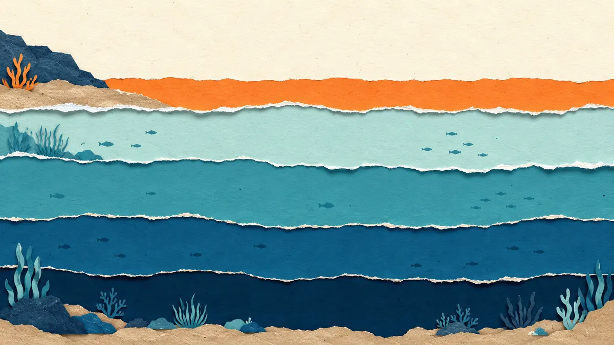 Illustrazione papercut a sezione verticale del mare: una fascia rossa di carta si assottiglia e sparisce nei primi metri, mentre le fasce blu e turchesi continuano fino al fondo