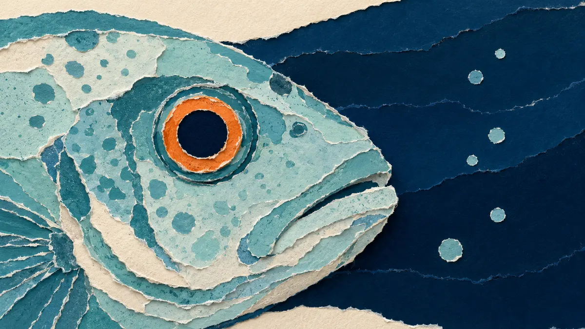 Illustrazione papercut ravvicinata dell'occhio di un pesce di carta con un alone arancione di fluorescenza rossa attorno all'iride, sullo sfondo il blu profondo del mare
